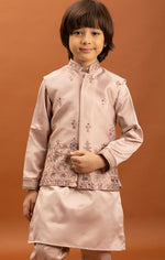 Amazing Peach Color Satin Fabric Boys Kurta Pajama and Jacket