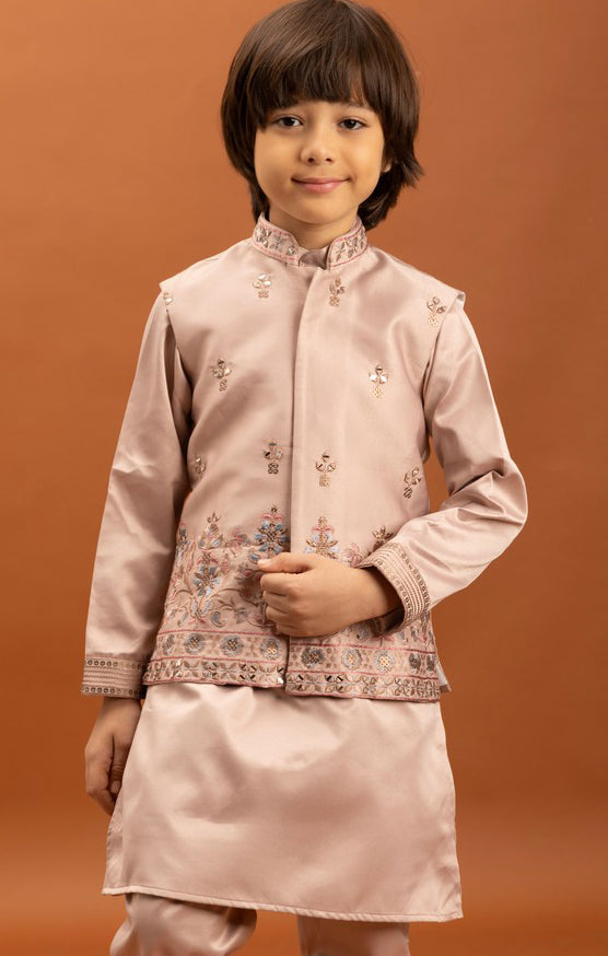Amazing Peach Color Satin Fabric Boys Kurta Pajama and Jacket