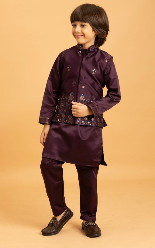 Amazing Voilet Color Satin Fabric Boys Kurta Pajama and Jacket