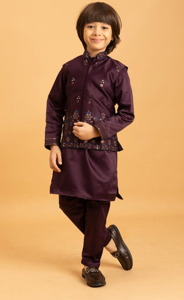 Amazing Voilet Color Satin Fabric Boys Kurta Pajama and Jacket