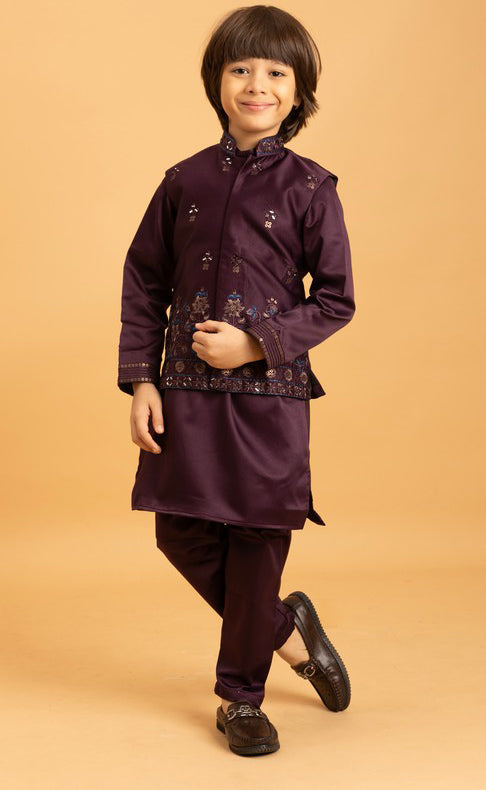 Amazing Voilet Color Satin Fabric Boys Kurta Pajama and Jacket