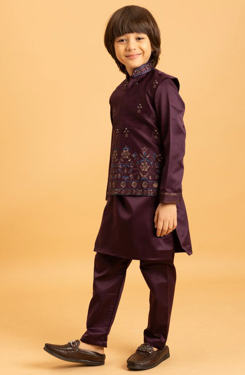 Amazing Voilet Color Satin Fabric Boys Kurta Pajama and Jacket