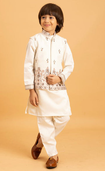 Amazing White Color Satin Fabric Boys Kurta Pajama and Jacket