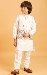 Amazing White Color Satin Fabric Boys Kurta Pajama and Jacket