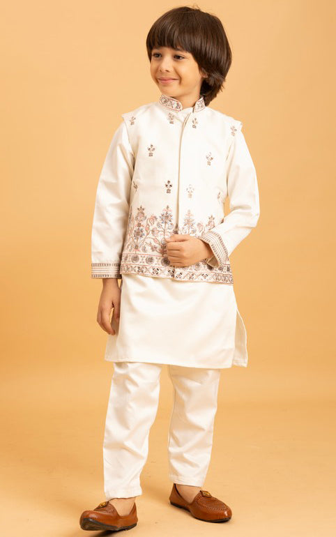 Amazing White Color Satin Fabric Boys Kurta Pajama and Jacket