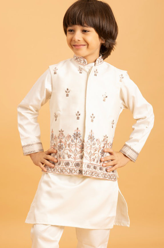 Amazing White Color Satin Fabric Boys Kurta Pajama and Jacket
