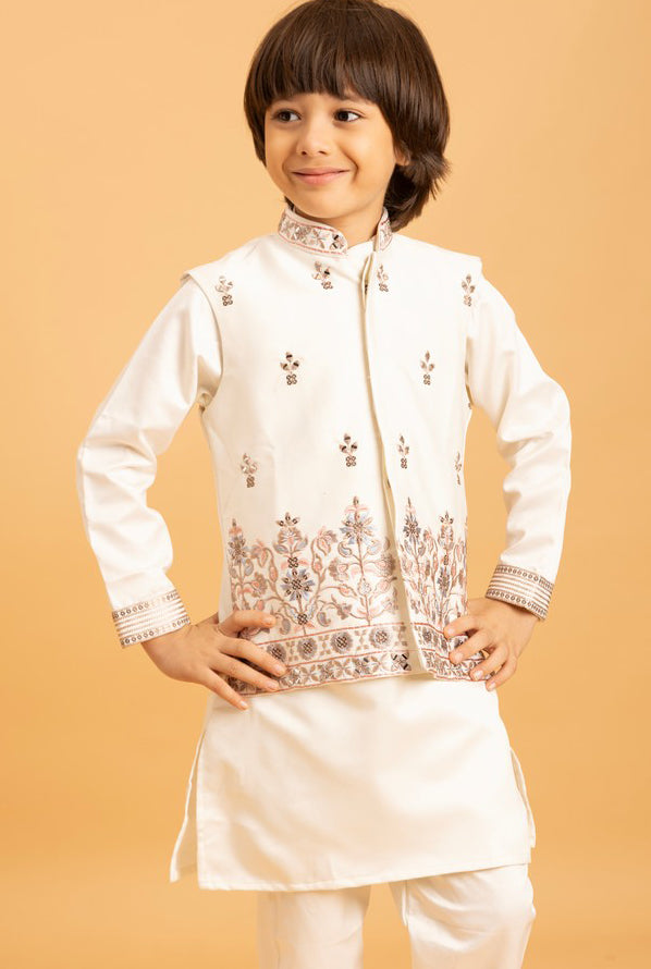 Amazing White Color Satin Fabric Boys Kurta Pajama and Jacket