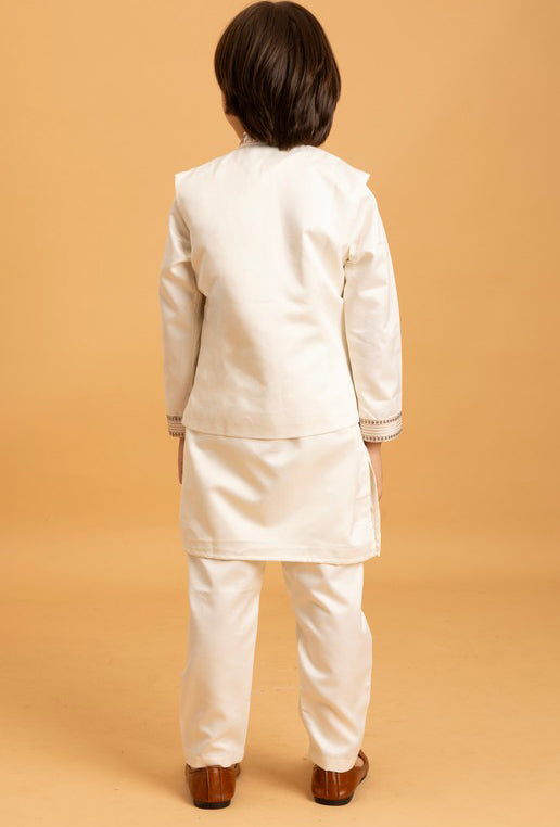 Amazing White Color Satin Fabric Boys Kurta Pajama and Jacket