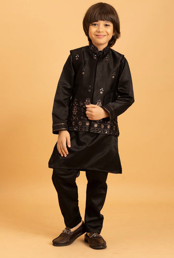 Amazing Black Color Satin Fabric Boys Kurta Pajama and Jacket