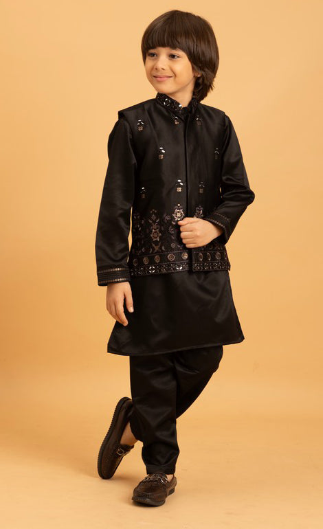 Amazing Black Color Satin Fabric Boys Kurta Pajama and Jacket
