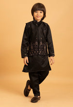 Amazing Black Color Satin Fabric Boys Kurta Pajama and Jacket