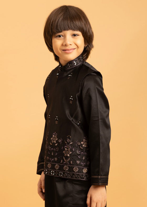 Amazing Black Color Satin Fabric Boys Kurta Pajama and Jacket