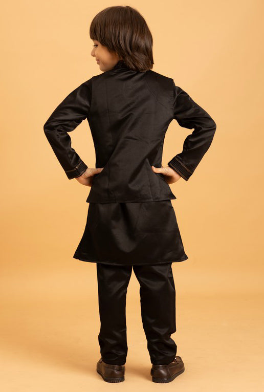 Amazing Black Color Satin Fabric Boys Kurta Pajama and Jacket