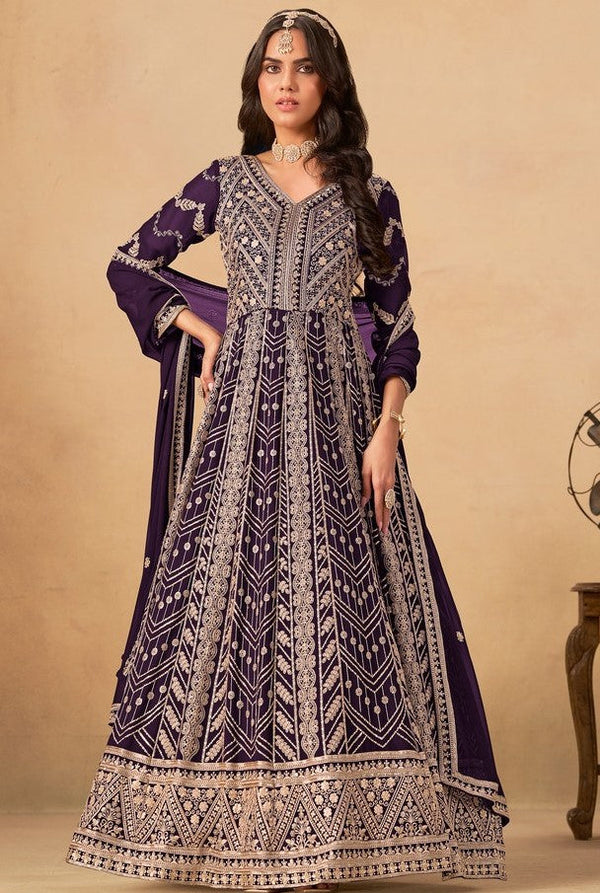 Tasteful Wine Color Georgette Fabric Gown