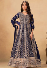 Tasteful Navy Blue Color Georgette Fabric Gown