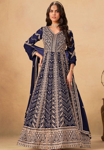 Tasteful Navy Blue Color Georgette Fabric Gown