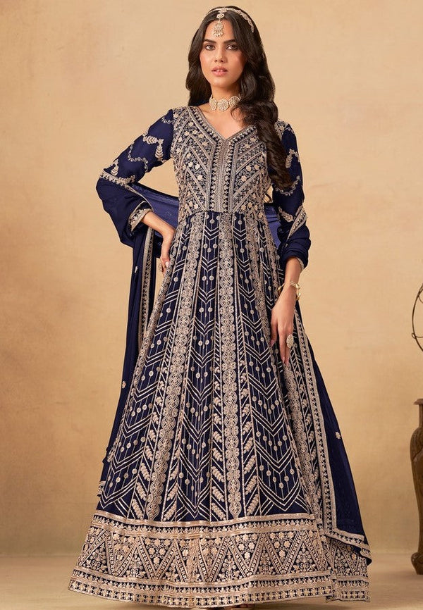 Tasteful Navy Blue Color Georgette Fabric Gown