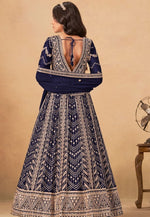 Tasteful Navy Blue Color Georgette Fabric Gown