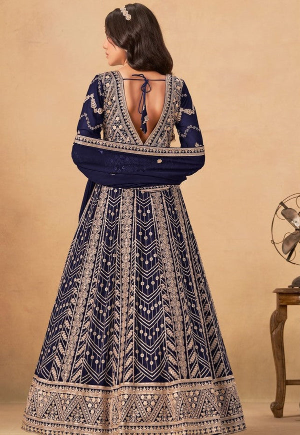 Tasteful Navy Blue Color Georgette Fabric Gown