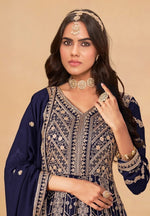 Tasteful Navy Blue Color Georgette Fabric Gown