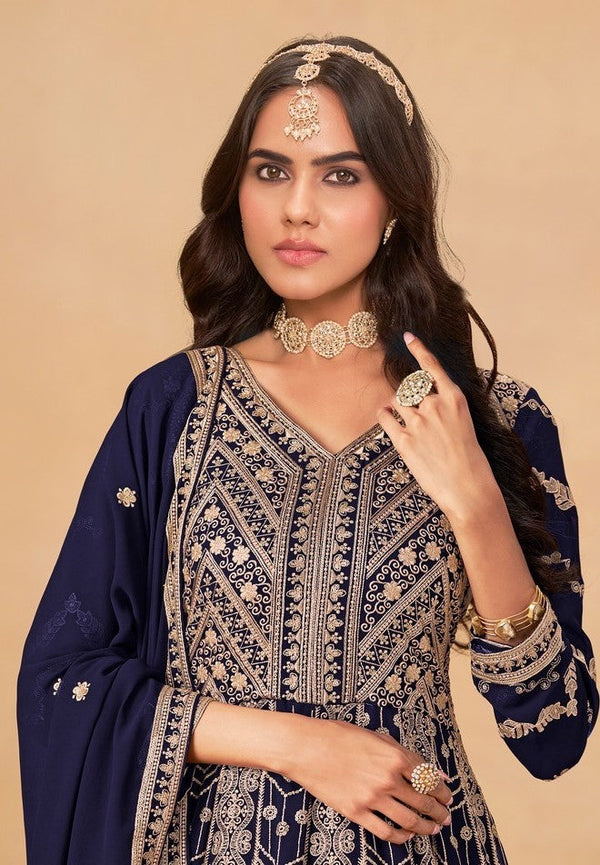 Tasteful Navy Blue Color Georgette Fabric Gown