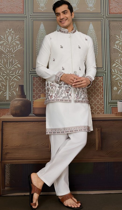 Grand White Color Silk Fabric Kurta Pajama and Jacket