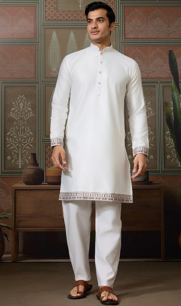 Grand White Color Silk Fabric Kurta Pajama and Jacket