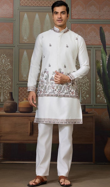 Grand White Color Silk Fabric Kurta Pajama and Jacket