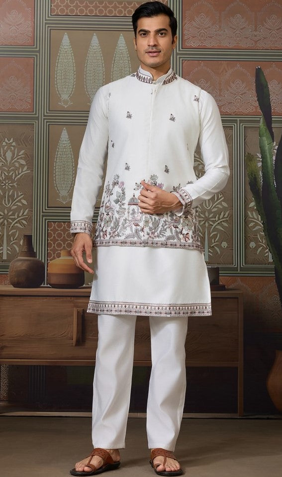 Grand White Color Silk Fabric Kurta Pajama and Jacket