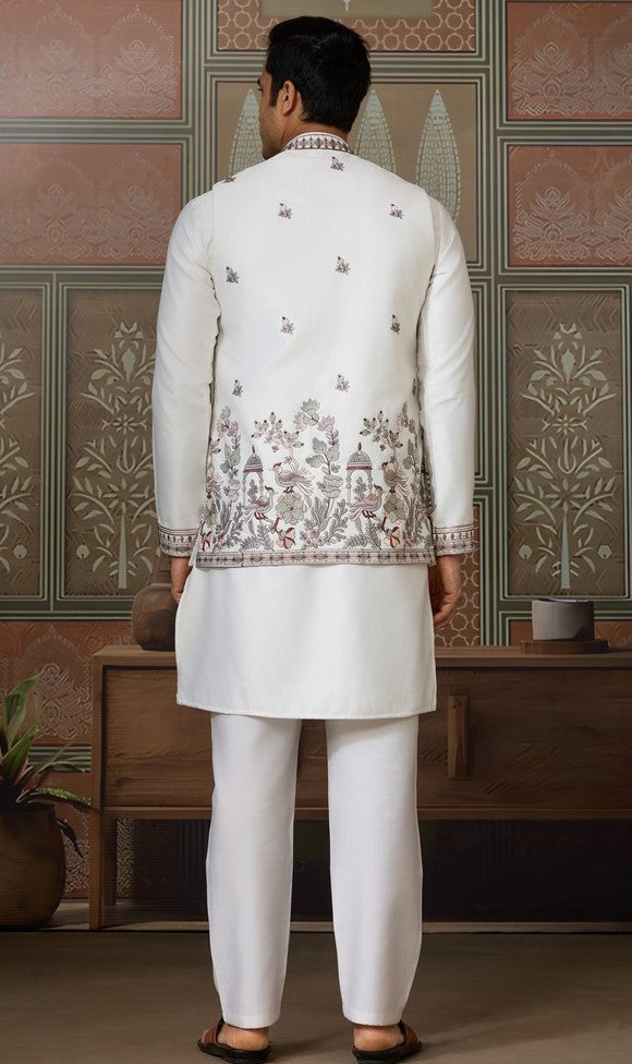 Grand White Color Silk Fabric Kurta Pajama and Jacket