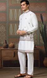 Grand White Color Silk Fabric Kurta Pajama and Jacket