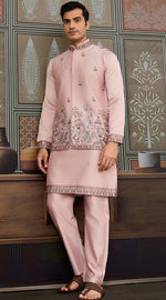 Grand Pink Color Silk Fabric Kurta Pajama and Jacket