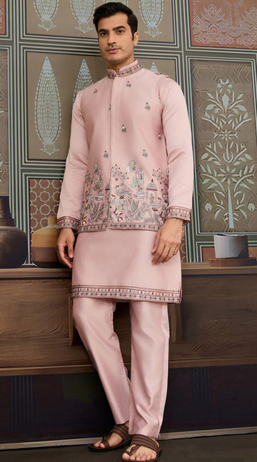 Grand Pink Color Silk Fabric Kurta Pajama and Jacket