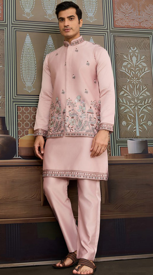 Grand Pink Color Silk Fabric Kurta Pajama and Jacket
