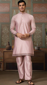 Grand Pink Color Silk Fabric Kurta Pajama and Jacket