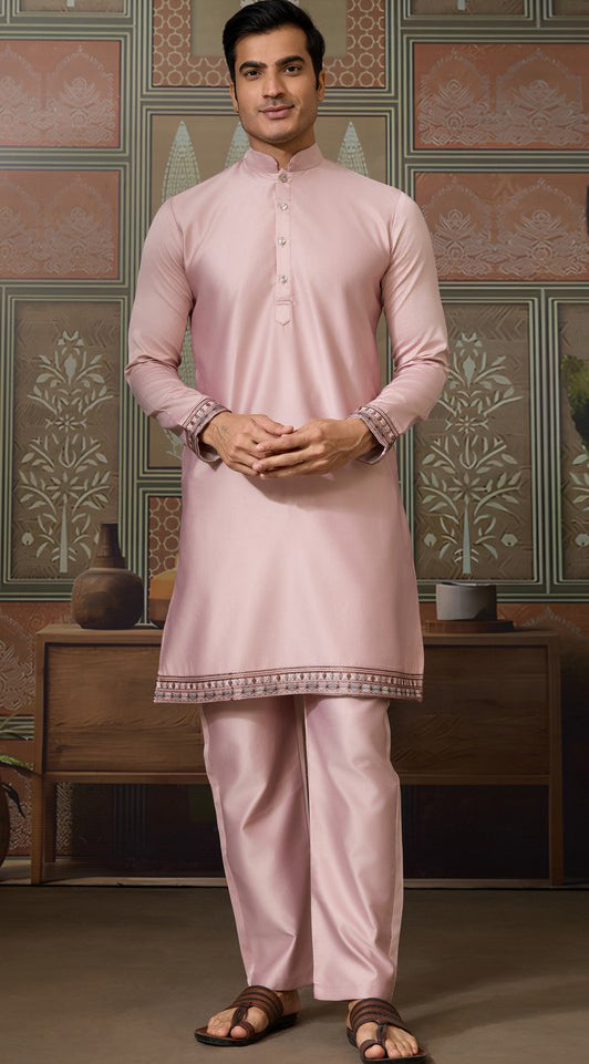 Grand Pink Color Silk Fabric Kurta Pajama and Jacket