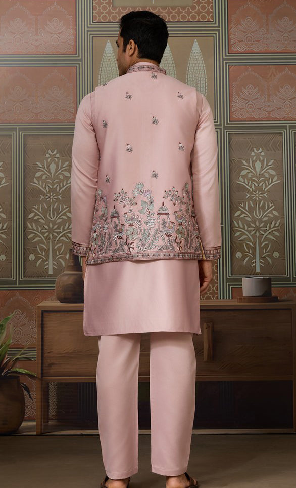 Grand Pink Color Silk Fabric Kurta Pajama and Jacket