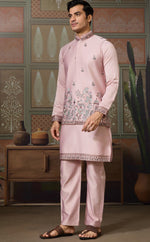 Grand Pink Color Silk Fabric Kurta Pajama and Jacket