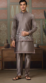 Grand Grey Color Silk Fabric Kurta Pajama and Jacket