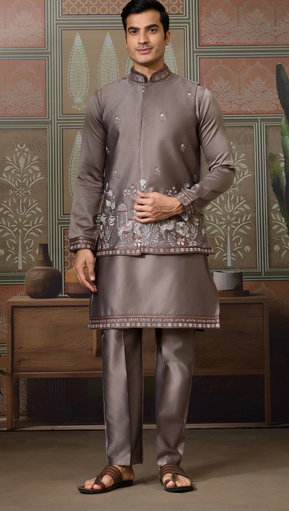 Grand Grey Color Silk Fabric Kurta Pajama and Jacket
