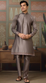 Grand Grey Color Silk Fabric Kurta Pajama and Jacket