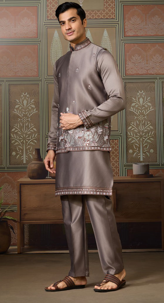Grand Grey Color Silk Fabric Kurta Pajama and Jacket