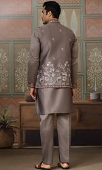 Grand Grey Color Silk Fabric Kurta Pajama and Jacket
