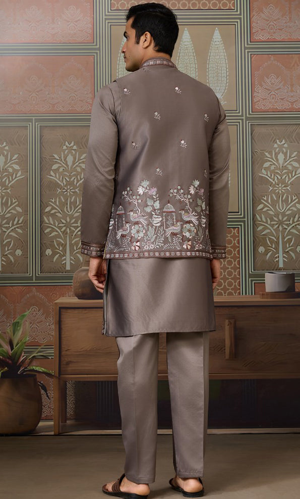 Grand Grey Color Silk Fabric Kurta Pajama and Jacket