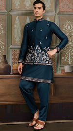 Grand Teal Color Silk Fabric Kurta Pajama and Jacket