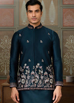 Grand Teal Color Silk Fabric Kurta Pajama and Jacket