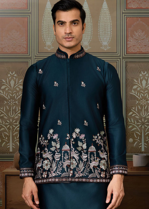 Grand Teal Color Silk Fabric Kurta Pajama and Jacket