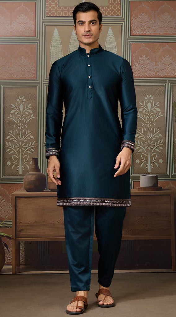 Grand Teal Color Silk Fabric Kurta Pajama and Jacket