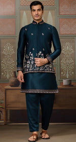 Grand Teal Color Silk Fabric Kurta Pajama and Jacket