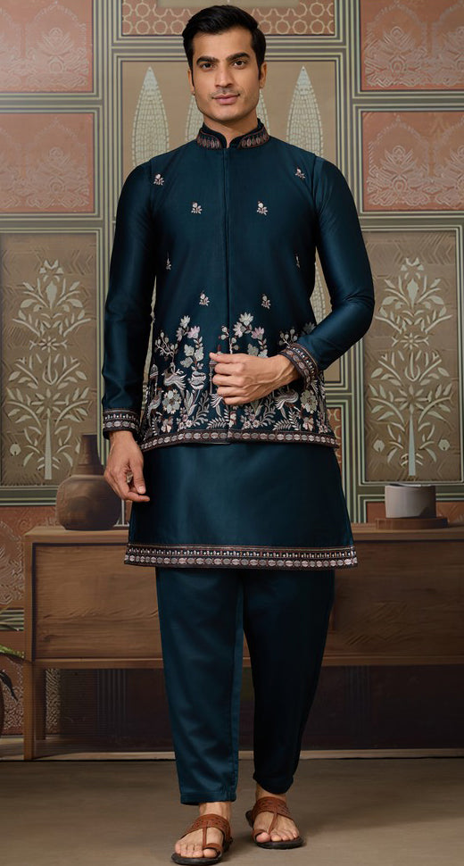 Grand Teal Color Silk Fabric Kurta Pajama and Jacket